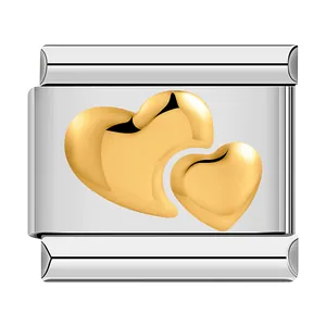 Close-up of stainless steel modular charm link with two 18K gold polished hearts