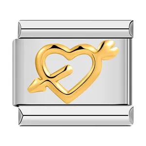 Detailed view of stainless steel heart and arrow charm for Italian modular bracelet
