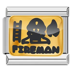 Stainless steel Italian charm link with yellow firefighter design and FIREMAN text.