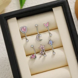 Set of 6 surgical steel piercing rings with pink zircon butterfly and heart motifs