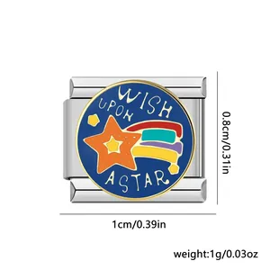 Detailed dimension shot of a stainless steel Italian charm with 'Wish Upon A Star' design.