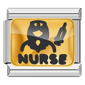 Stainless steel Italian charm link module featuring a yellow nurse and syringe design