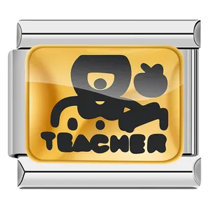 Close-up view of a gold-tone Italian charm bracelet link featuring teacher theme and apple