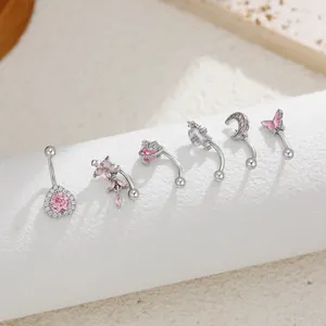 Set of six premium titanium steel belly button rings with pink zircon inlays in cute shapes