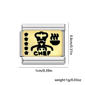 Close-up of stainless steel chef theme Italian charm link with measurement annotations.