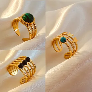 French Retro 18K Gold Plated Stainless Steel Open Ring For Women Natural Stone Zirconia Oval Geometric Adjustable Finger Ring Jewelry