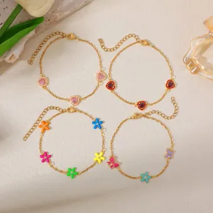Stylish gold-plated stainless steel bracelets with colorful heart and flower charms