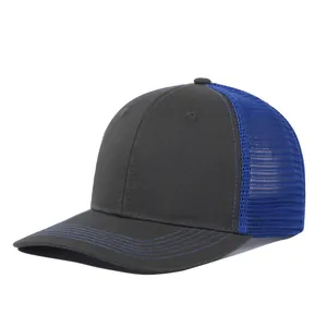 Detailed view of two-tone trucker hat featuring black front and blue mesh back panels