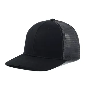 Close-up detail showing the breathable mesh and cotton fabric of the black trucker hat