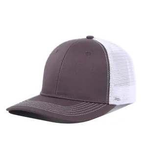 Detailed side view of two-tone trucker hat featuring brown canvas and white mesh back
