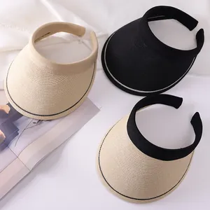 Women Woven Straw Visor Hat Wide Brim Face Sun Protection Hair Clip Empty Top Sunshade Summer Beach Hat Casual Travel Headwear