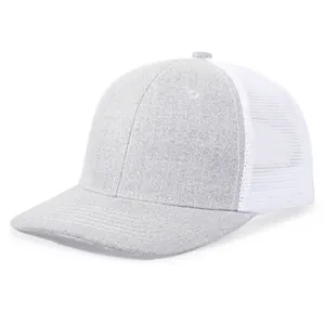 Close-up view of a stylish grey and white mesh-back trucker hat for sun protection.