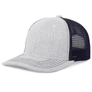 Close-up detailed view of a two-tone grey heather and black mesh trucker baseball hat