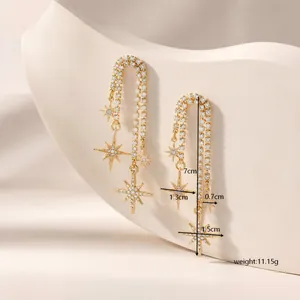 Elegant 18K gold plated asymmetric long chain earrings with zircon eight-pointed stars
