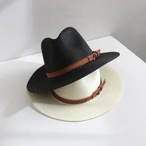 Chapeau de Paille Style Panama Vintage Unisexe Polyester Jazz Fedora Protection Solaire Large Bord Chapeau de Soleil avec Boucle