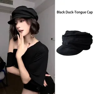 Damen Schwarz Leinen Baumwolle Ballonmütze Vintage Plissee Newsboy Mütze Atmungsaktiv Verstellbar Schirmmütze Für Sommer Frühling