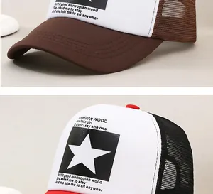 Detailopname van de pentagramster en de songtekst gedrukt op het voorpaneel van de pet.