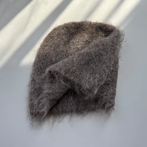 Premium soft fluffy mohair knit beanie hat in coffee grey for winter warmth and style