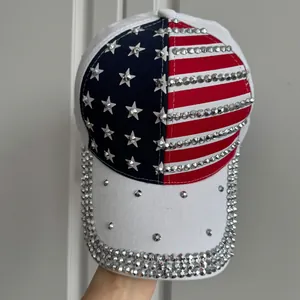 Casquette de baseball drapeau américain avec strass argentés étincelants et brillants