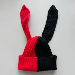 Women Color Block Long Rabbit Ear Knit Beanie Hat Contrast Color Warm Winter Crochet Skull Cap For Girls Fashion Bunny Hat