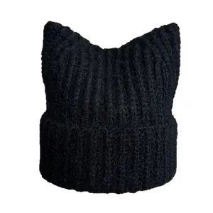 Cute black cat ear knit beanie for women, warm winter wool hat with ribbed texture