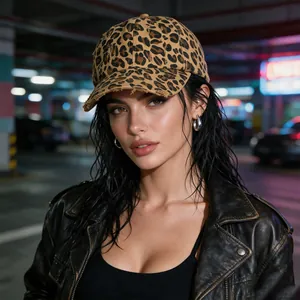 Casquette de baseball léopard avec visière usée portée par un mannequin en ville