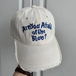 Vue détaillée d'une casquette beige avec broderie bleue et bords effilochés sur la visière