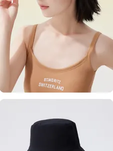 Detail view of a black wide-brim bucket hat with a stylish brown ribbed tank top