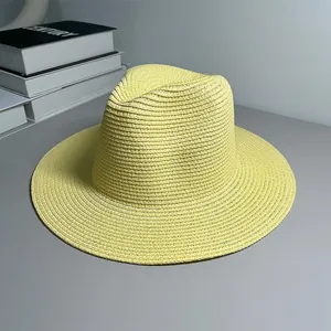 Detailed texture of a yellow woven Panama straw hat for summer sun protection