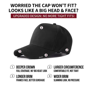 Cappellino da baseball nero strutturato con corona profonda adatto a teste grandi