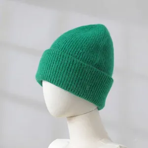 Soft green rabbit fur knit beanie for women, warm thickened winter hat detail view