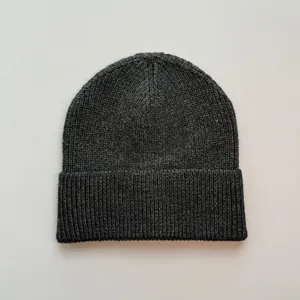 Detailansicht der feinen Strickstruktur einer dunkelgrauen Beanie-Mütze für Damen