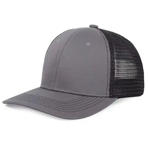 Two-tone gray and black mesh trucker hat with curved brim for sun protection.
