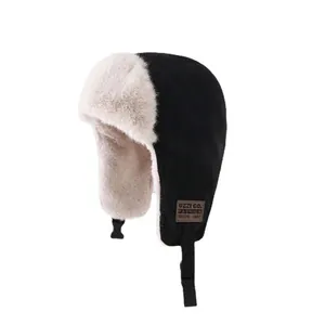 Black winter trapper hat with white faux fur lining and ear flaps for cold weather
