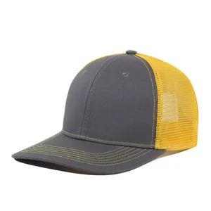 Side view of two-tone grey and yellow trucker mesh baseball cap with yellow stitching