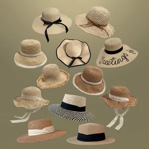 Collection of various women's summer straw hats for beach sun protection and style