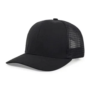 Detailed side view of plain black trucker cap with breathable mesh back and front