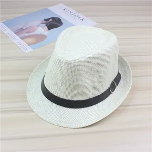 Detailed view of a stylish white straw fedora hat featuring a black belt buckle band.