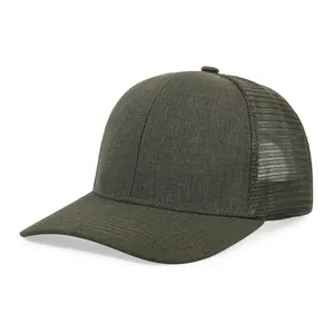 Close-up side view of a dark olive mesh back trucker baseball cap with fabric texture
