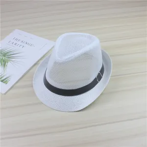 Close-up of a white breathable mesh jazz hat with a stylish black leather decorative band