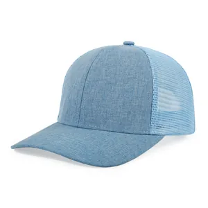 Detail view of light blue mesh trucker hat with heathered fabric texture