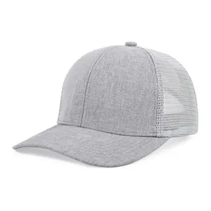 Detailed 45-degree view of a grey trucker baseball cap with breathable white mesh
