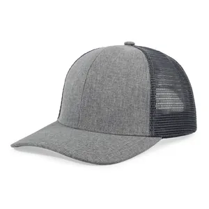 Profile view of gray trucker hat with breathable navy mesh back and curved brim design