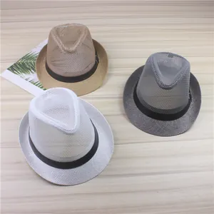 Detailed view of breathable mesh straw fedora hats in tan, grey, and white colors