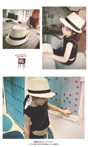 Classic children's straw fedora with black ribbon band shown in various lifestyle poses