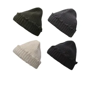 Distressed Rippstrick Mütze Für Herren Damen Retro Hip Hop Streetwear Acryl Winter Warm Aufschlagmütze Mit Loch Fransen