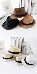 Selection of colorful children's straw fedora jazz hats shown in a clean studio