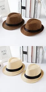 Detail showing brown and cream woven straw jazz hats for kids and parents in a split view