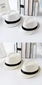 Elegant white straw fedora hat set for parent and child with stylish black ribbon bands