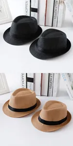 Macro view of kids' breathable straw fedora hats in black and khaki colors for summer